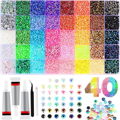 Luxe Strasssteentjes Set - 32.000 Stuks - 40 Kleuren - XXL DIY Rhinestones Kit met 3x 10ml Lijm - Plaksteentjes voor Kleding, Mokken, Schoenen & Nagels - Hobby Pakket - 0.3 cm